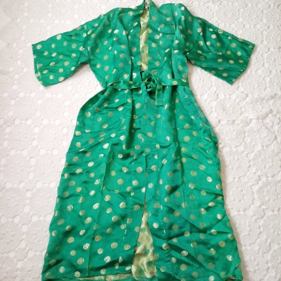 Vintage Other - Vtg 60s 70s Kimono Robe Long Smoking Green Gold Brocade Chinese Silky Large Men